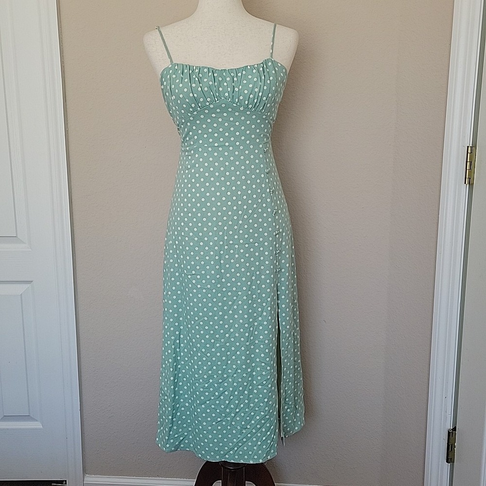 Lush Womens Midi Slip Dress Size S Polka Dots Mint Green Milkmaid Fem Babydoll